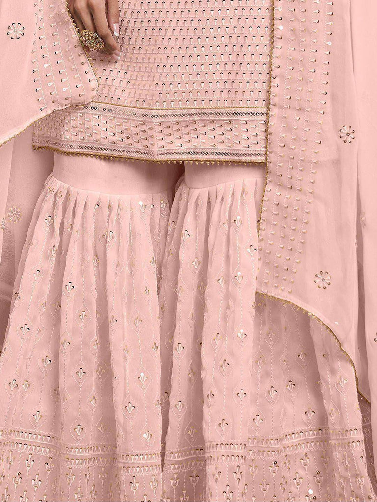 Desirable Dusty Pink Embroidered Khatli Work Georgette Sharara Suit