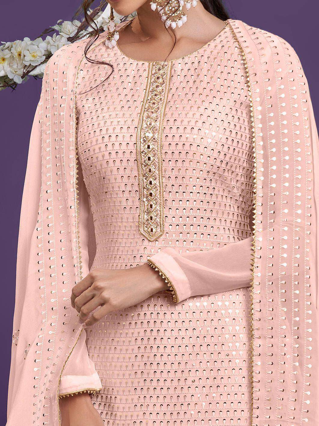 Light pink mirror work salwar kameez with embroidered dupatta, Indian ethnic wear