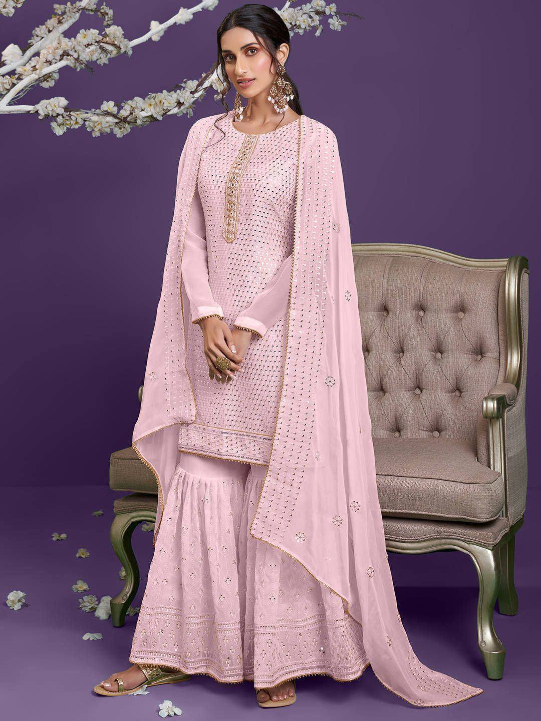 Pink embroidered salwar kameez with dupatta, ethnic Indian wear for women