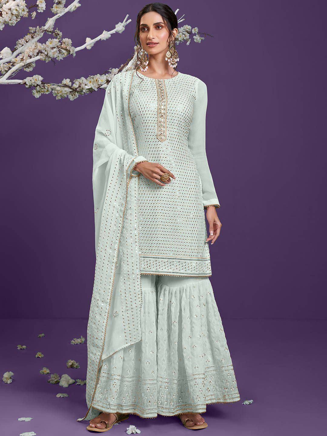 Mint green embroidered palazzo suit with dupatta, ethnic wear for women