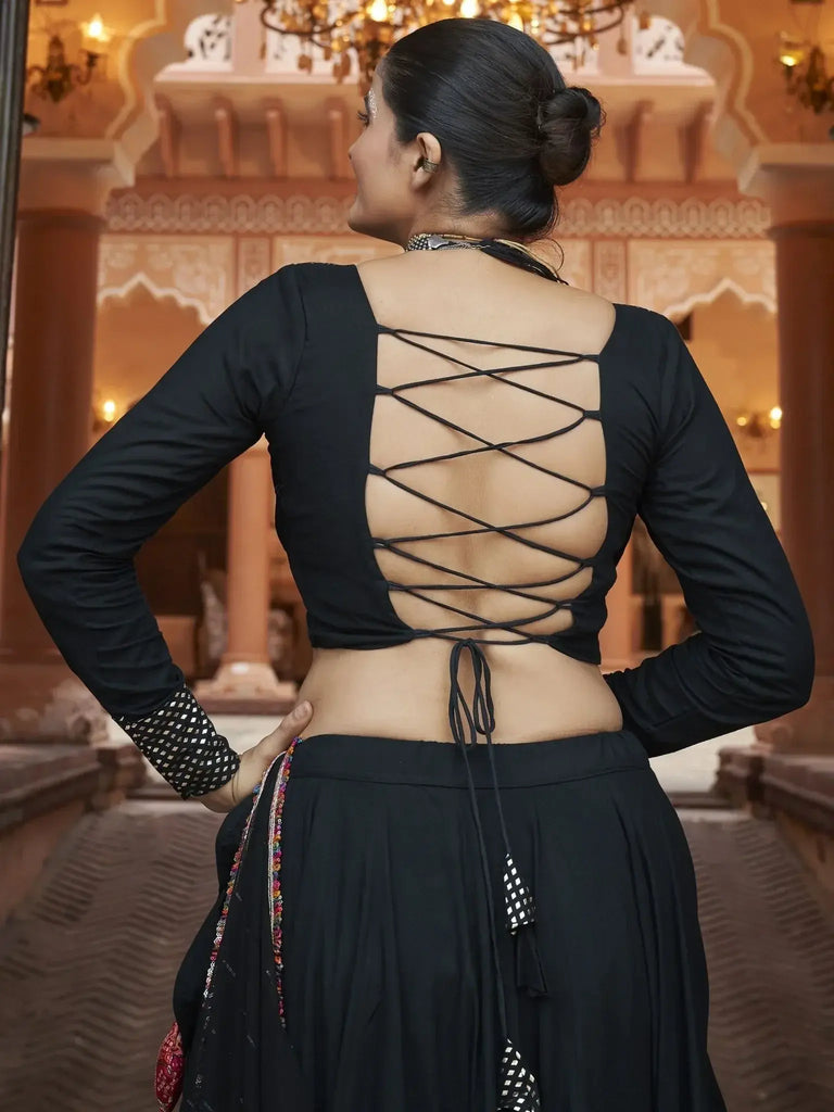 Alluring Black Embroidered Rayon Navratri Lehenga Choli With Dupatta - Ethnic Plus In