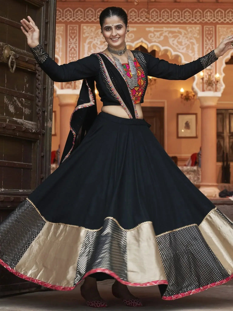 Alluring Black Embroidered Rayon Navratri Lehenga Choli With Dupatta - Ethnic Plus In