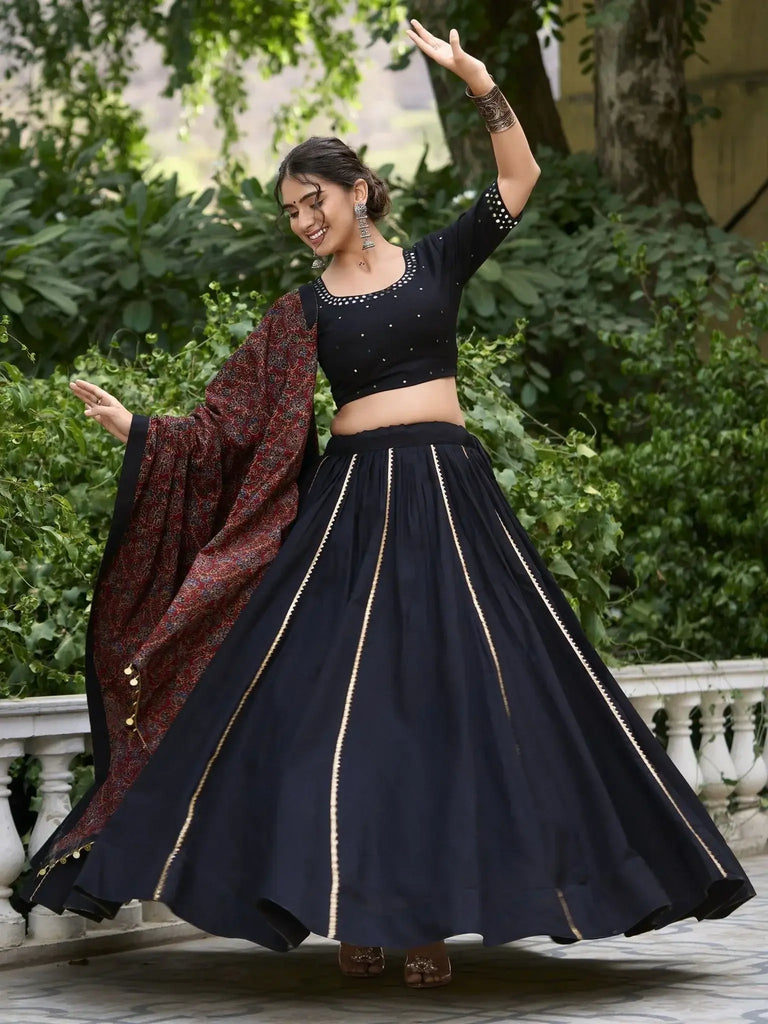 Alluring Black Mirror Work Cotton Navratri Lehenga Choli With Dupatta - Ethnic Plus In