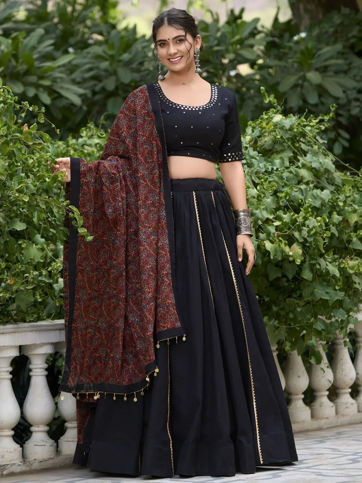 Alluring Black Mirror Work Cotton Navratri Lehenga Choli With Dupatta - Ethnic Plus In