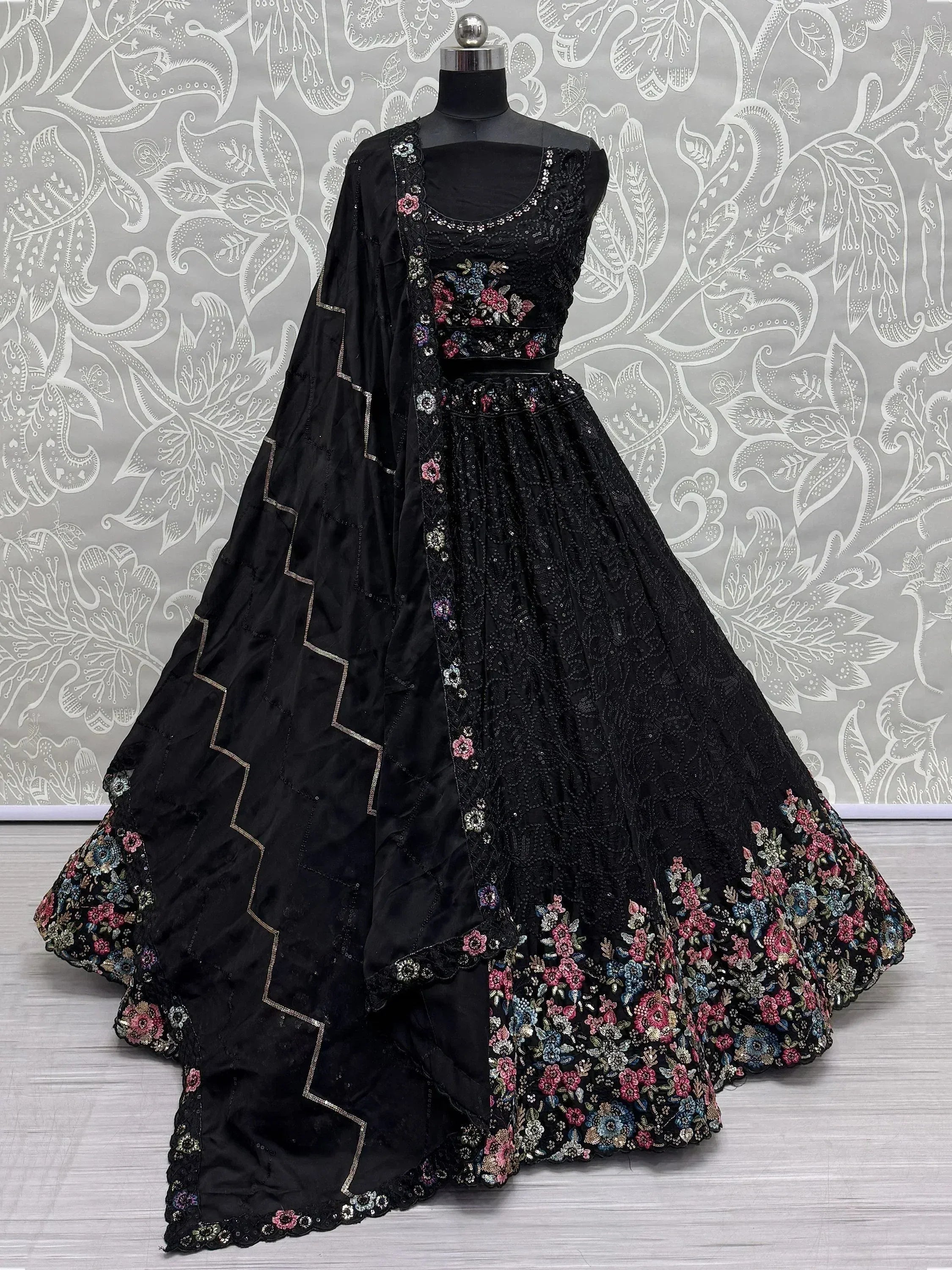 Black floral embroidered lehenga choli with dupatta, Indian ethnic wear for weddings and parties
