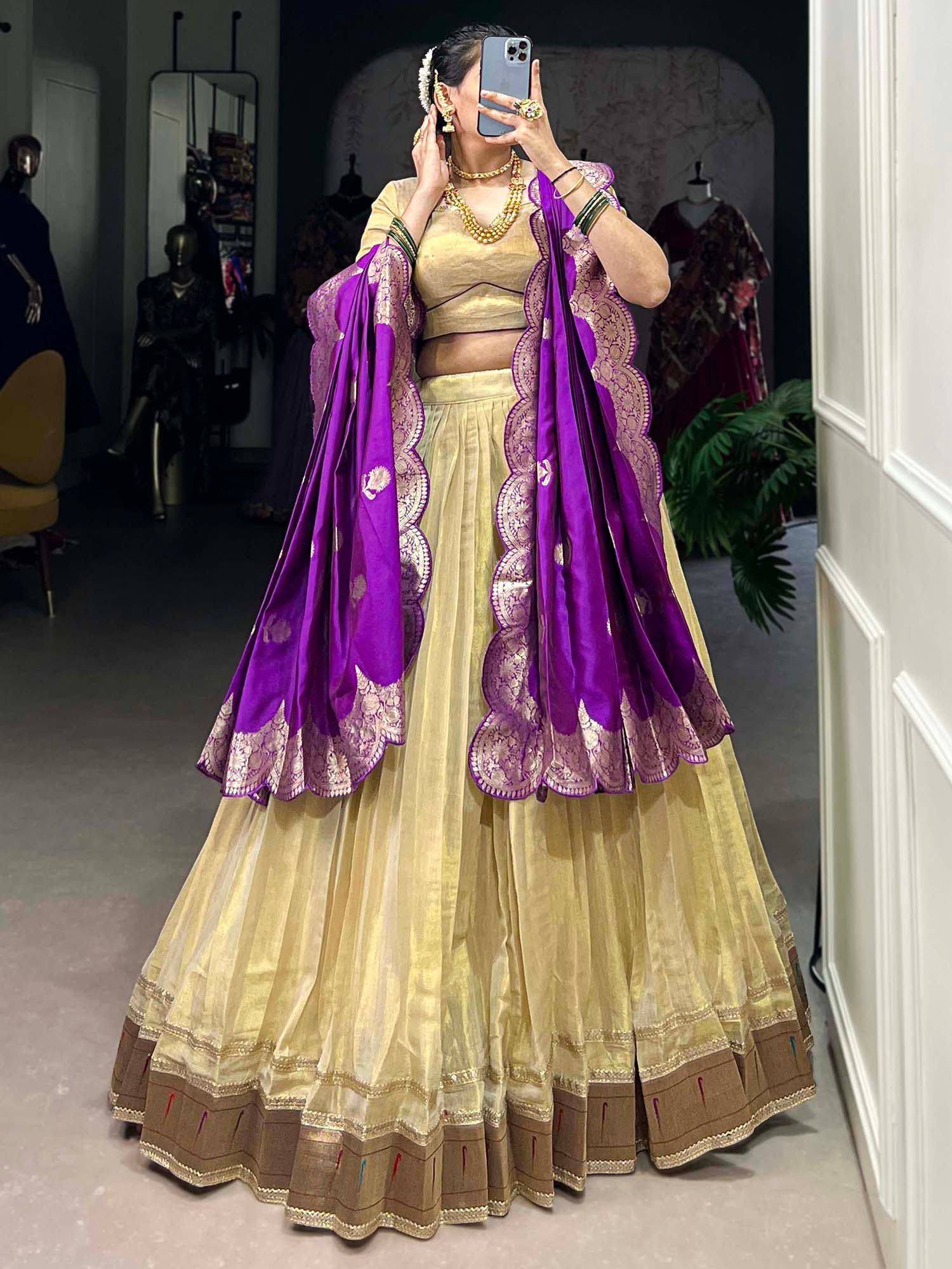 Gold lehenga choli with purple dupatta, ethnic Indian wedding wear, designer festive outfit