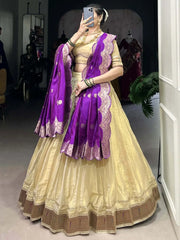 Alluring Cream Silk Traditional Lehenga Choli With Zari Weaving Dupatta - Ethnic Plus In