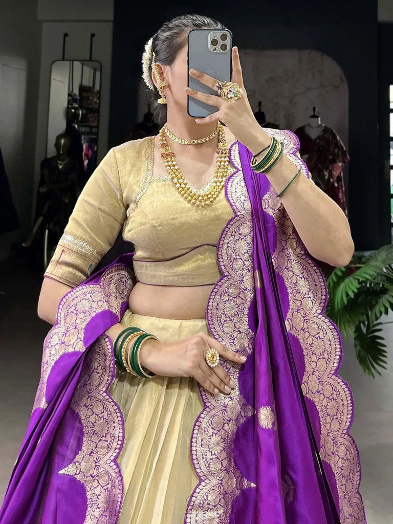 Alluring Cream Silk Traditional Lehenga Choli With Zari Weaving Dupatta - Ethnic Plus In