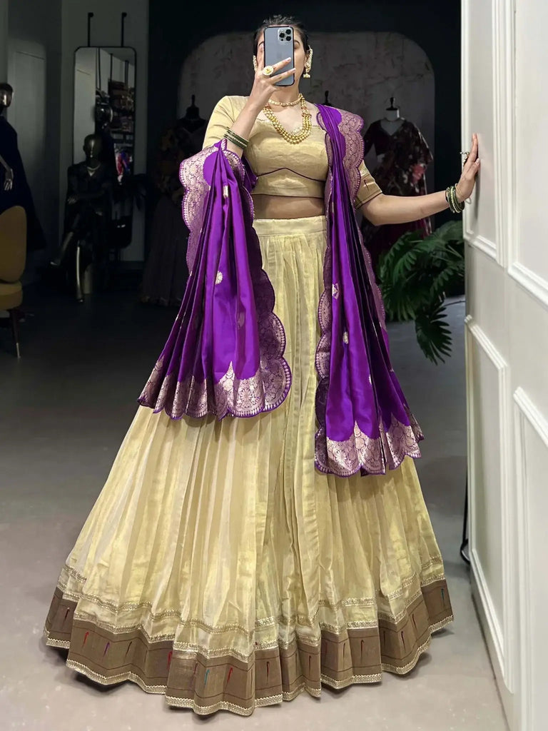 Alluring Cream Silk Traditional Lehenga Choli With Zari Weaving Dupatta - Ethnic Plus In