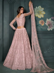 Alluring Dusty Pink Embroidered Net Bridal Wear Lehenga Choli With Dupatta - Ethnic Plus In