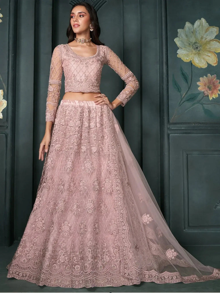 Alluring Dusty Pink Embroidered Net Bridal Wear Lehenga Choli With Dupatta - Ethnic Plus In