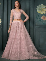 Alluring Dusty Pink Embroidered Net Bridal Wear Lehenga Choli With Dupatta - Ethnic Plus In