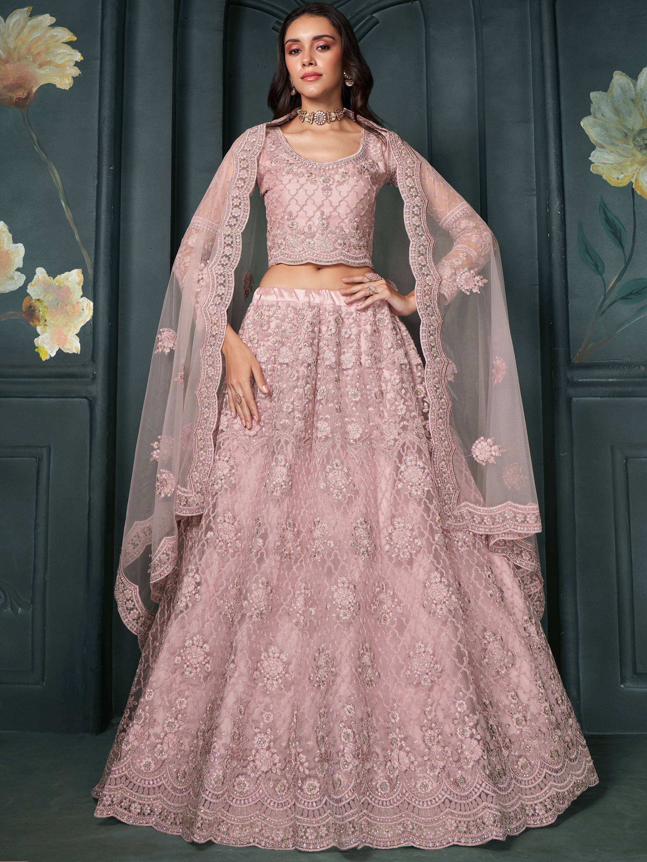 Pink embroidered lehenga choli with sheer cape, Indian ethnic wear for weddings and festivals