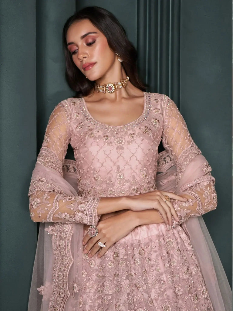 Alluring Dusty Pink Embroidered Net Bridal Wear Lehenga Choli With Dupatta - Ethnic Plus In