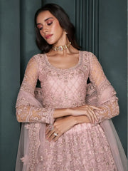 Alluring Dusty Pink Embroidered Net Bridal Wear Lehenga Choli With Dupatta - Ethnic Plus In