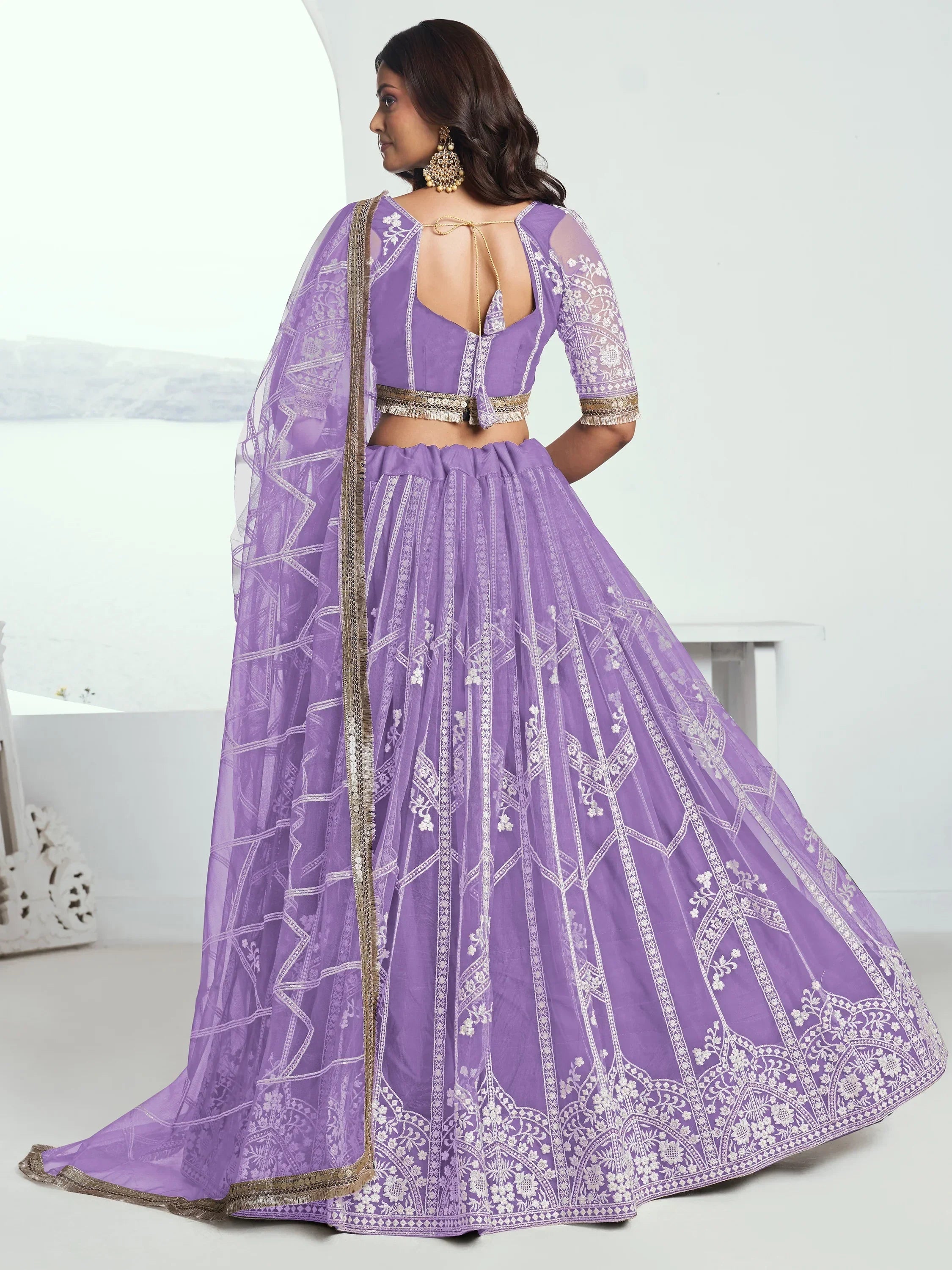 Purple embroidered lehenga choli with sheer dupatta, back view, Indian ethnic wear