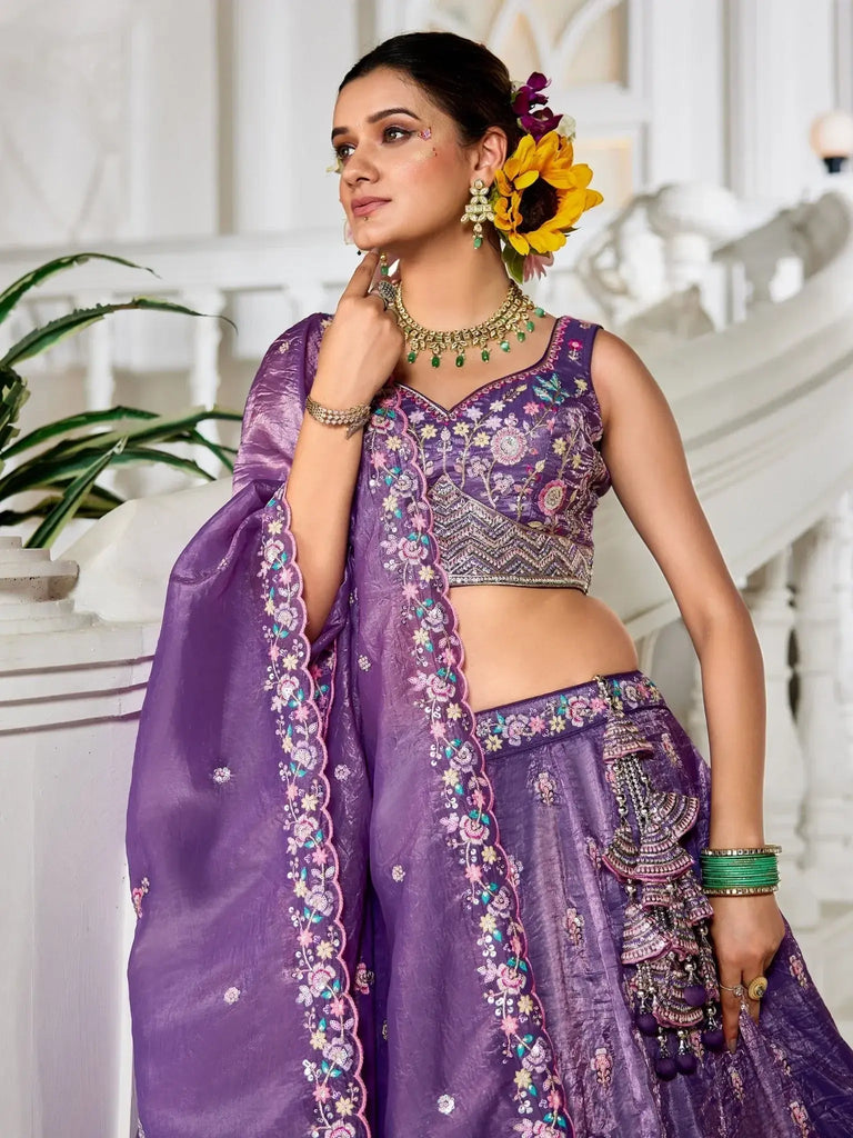Alluring Lavender Tissue Party Wear Lehenga Choli With Dupatta - Ethnic Plus In