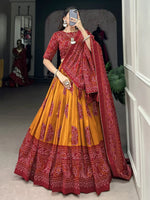 Alluring Mustard Bandhani Printed Tussar Silk Event Wear Lehenga Choli