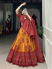 Alluring Mustard Bandhani Printed Tussar Silk Event Wear Lehenga Choli - Ethnic Plus In