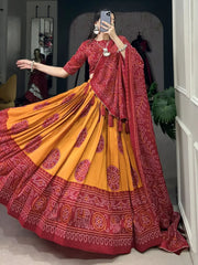 Alluring Mustard Bandhani Printed Tussar Silk Event Wear Lehenga Choli - Ethnic Plus In