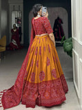 Alluring Mustard Bandhani Printed Tussar Silk Event Wear Lehenga Choli - Ethnic Plus In
