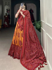 Alluring Mustard Bandhani Printed Tussar Silk Event Wear Lehenga Choli - Ethnic Plus In