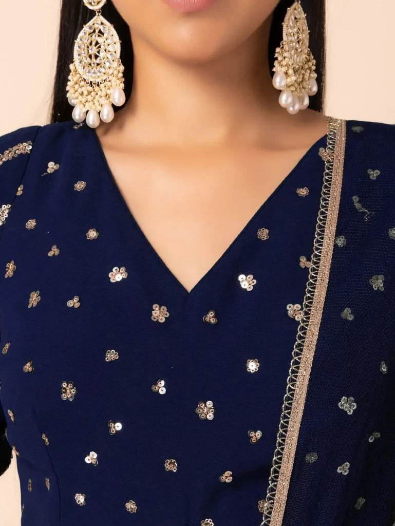 Alluring Navy Blue Embroidered Georgette Lehenga Choli With Dupatta - Ethnic Plus In