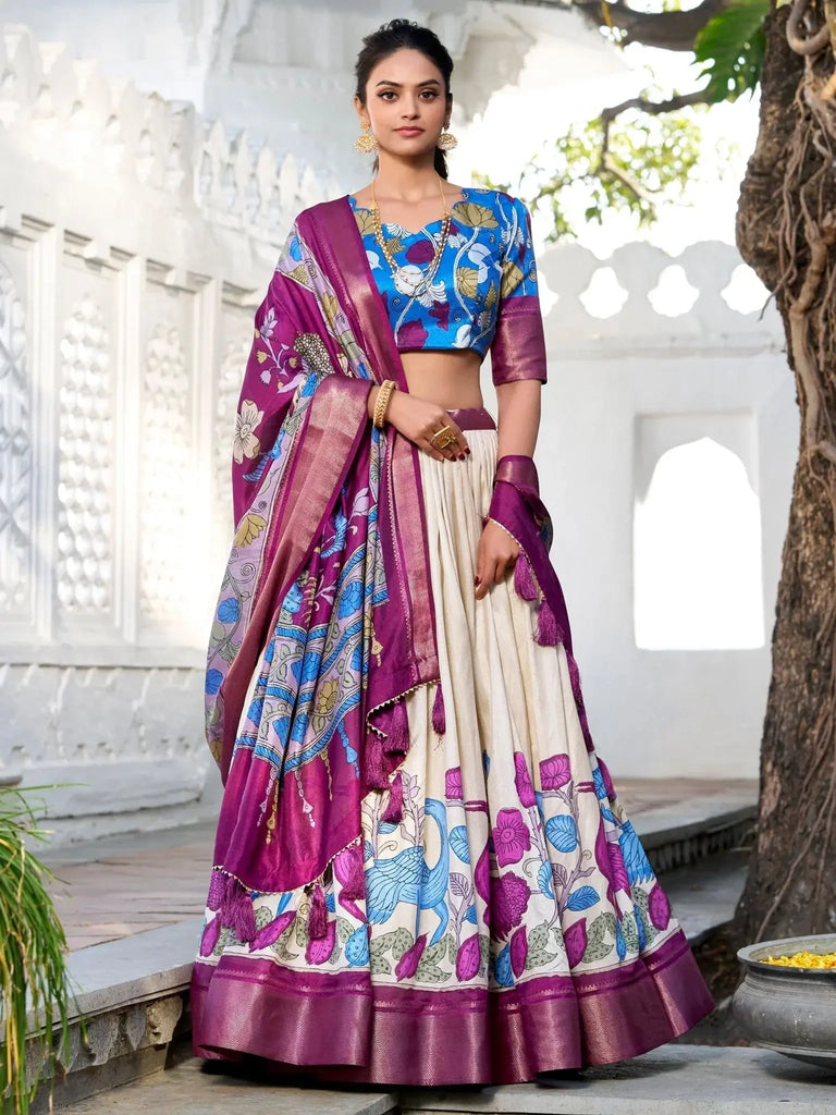 Alluring Off - White Kalamkari Print Dola Silk Onam Special Lehenga Choli - Ethnic Plus In