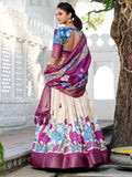 Alluring Off - White Kalamkari Print Dola Silk Onam Special Lehenga Choli - Ethnic Plus In