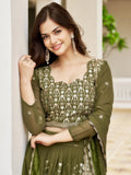 Alluring Olive Green Sequins Georgette Festival Wear Lehenga Choli - Ethnic Plus In
