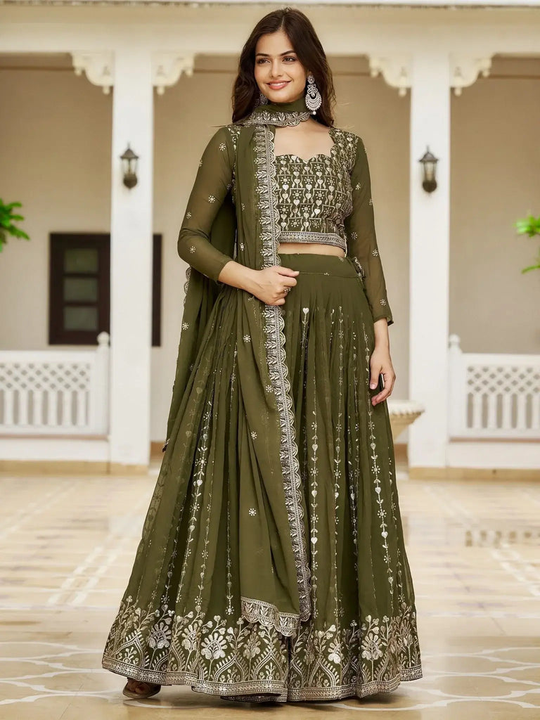 Alluring Olive Green Sequins Georgette Festival Wear Lehenga Choli - Ethnic Plus In