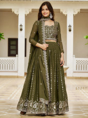 Alluring Olive Green Sequins Georgette Festival Wear Lehenga Choli - Ethnic Plus In