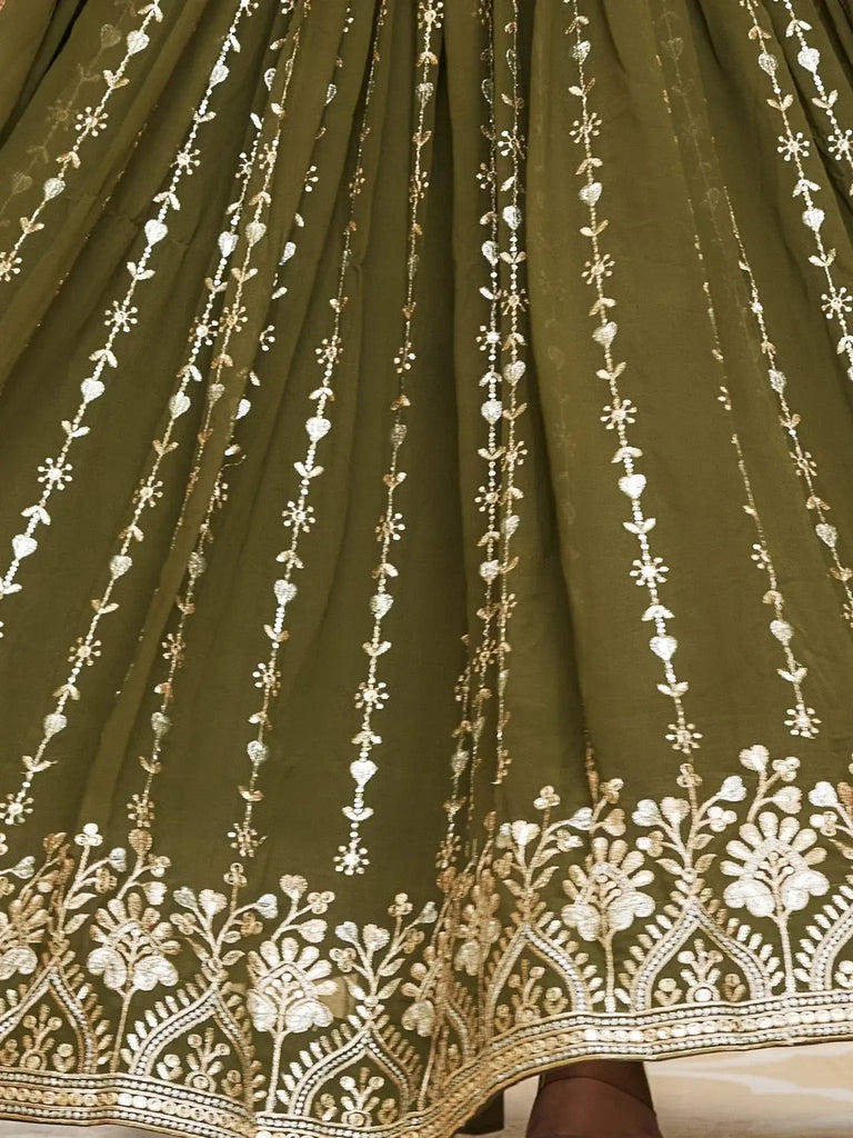 Alluring Olive Green Sequins Georgette Festival Wear Lehenga Choli - Ethnic Plus In