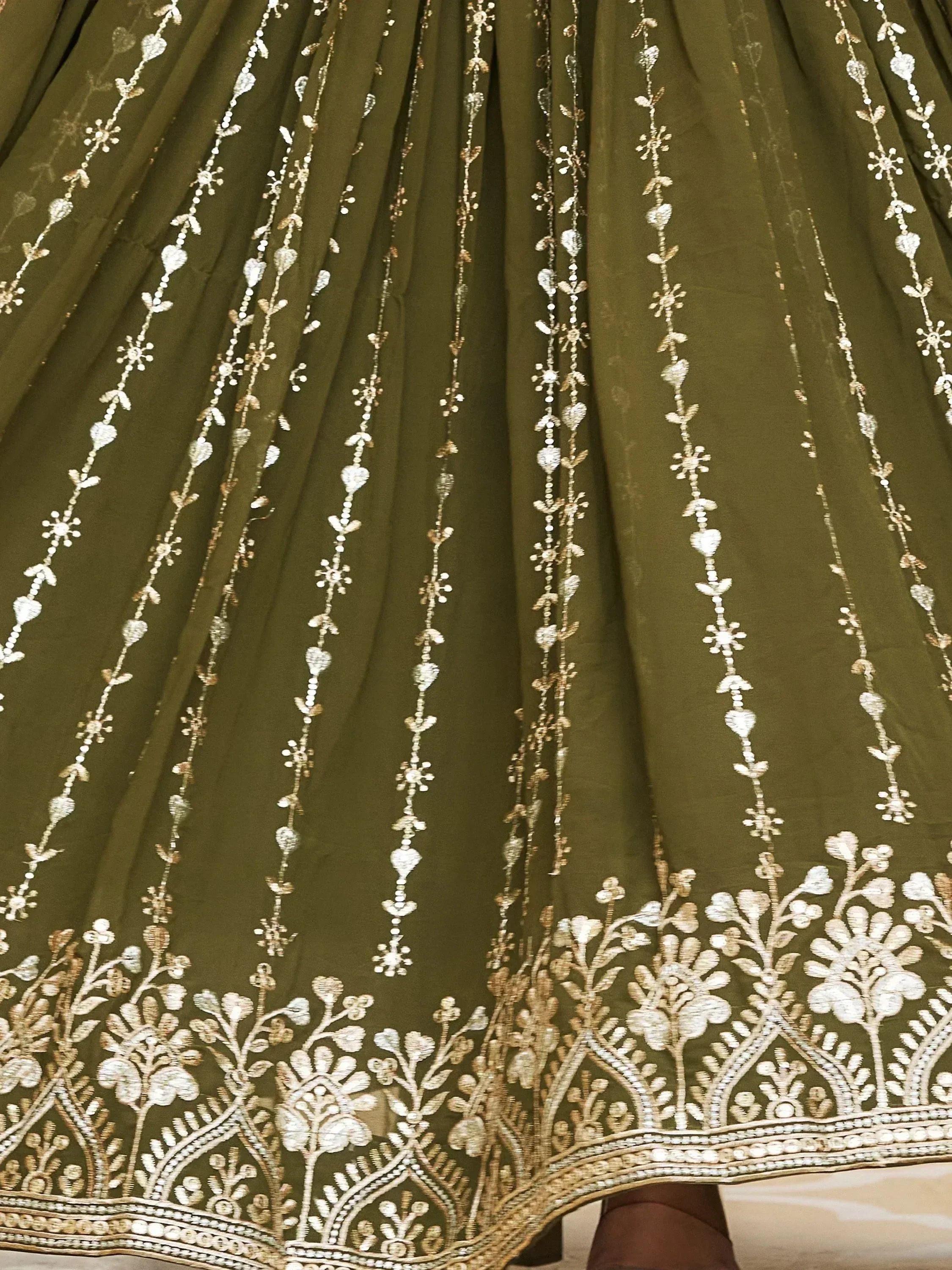 Olive green lehenga with gold floral embroidery and sequin detailing for Indian ethnic wear