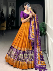 Alluring Orange Patola Printed Tussar Silk Traditional Lehenga Choli - Ethnic Plus In