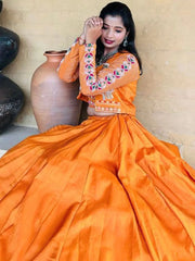 Alluring Orange Sequins Chinon Festival Wear Lehenga Choli With Jacket - Ethnic Plus In