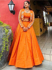 Alluring Orange Sequins Chinon Festival Wear Lehenga Choli With Jacket - Ethnic Plus In
