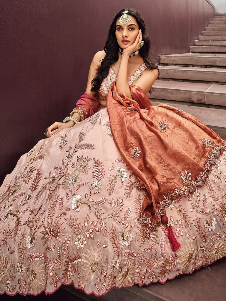 Alluring Peach Color Sequins Work Rayon Function Wear Lehenga Choli - Ethnic Plus In