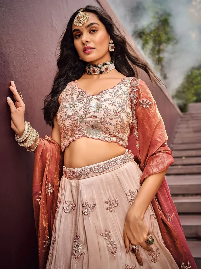 Alluring Peach Color Sequins Work Rayon Function Wear Lehenga Choli - Ethnic Plus In