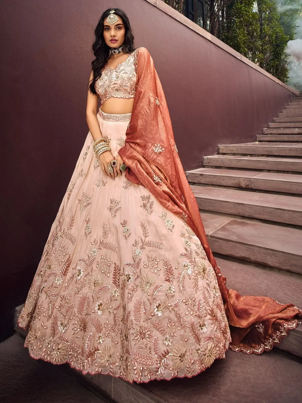 Alluring Peach Color Sequins Work Rayon Function Wear Lehenga Choli - Ethnic Plus In