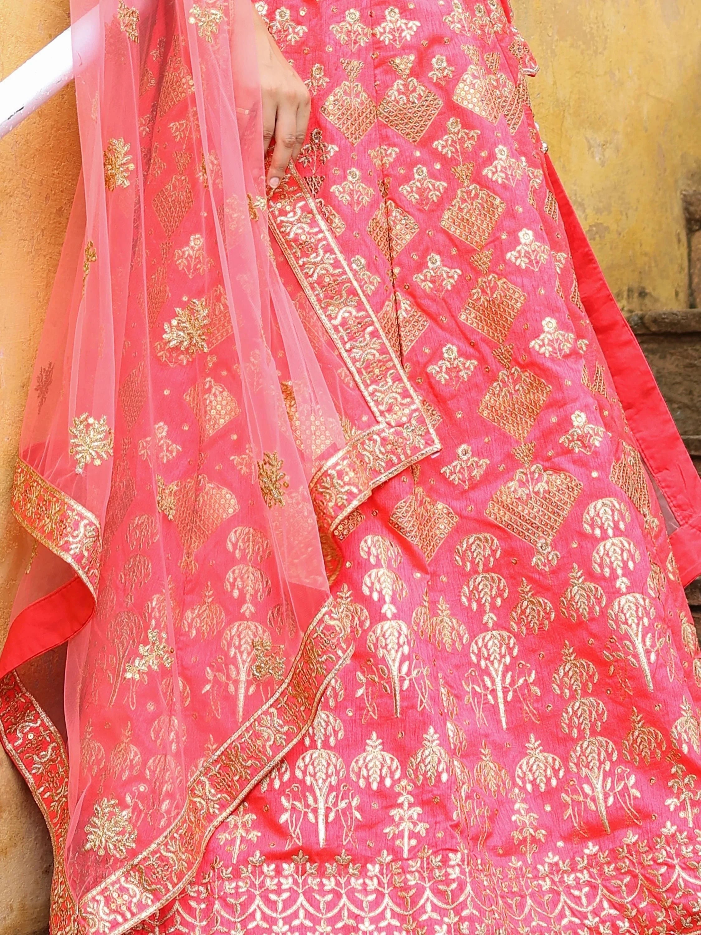 Pink designer lehenga choli with gold embroidery and sheer dupatta, Indian ethnic wear