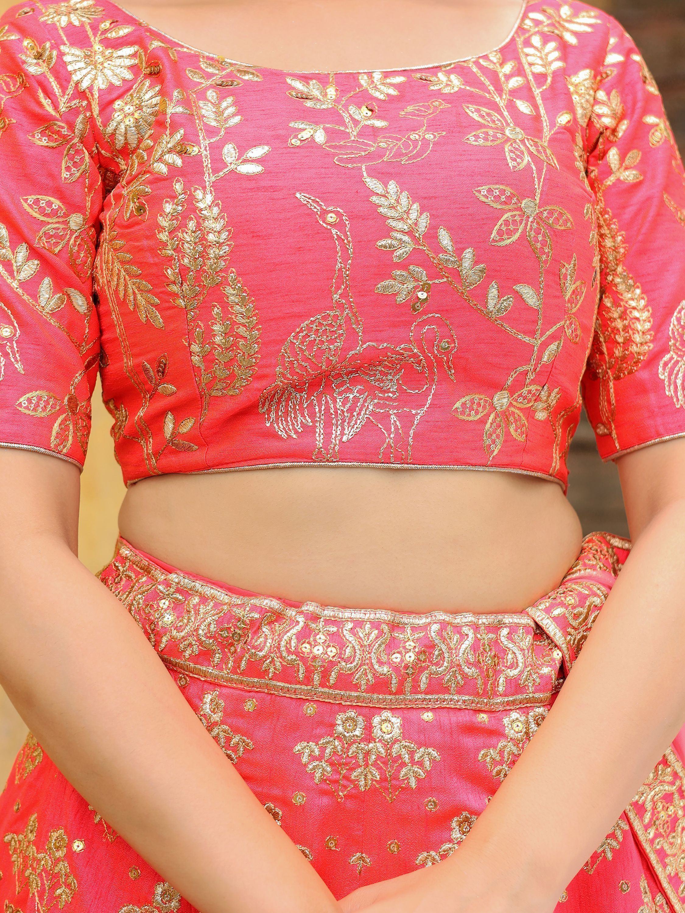 Pink lehenga choli with gold bird and floral embroidery, Indian ethnic wear