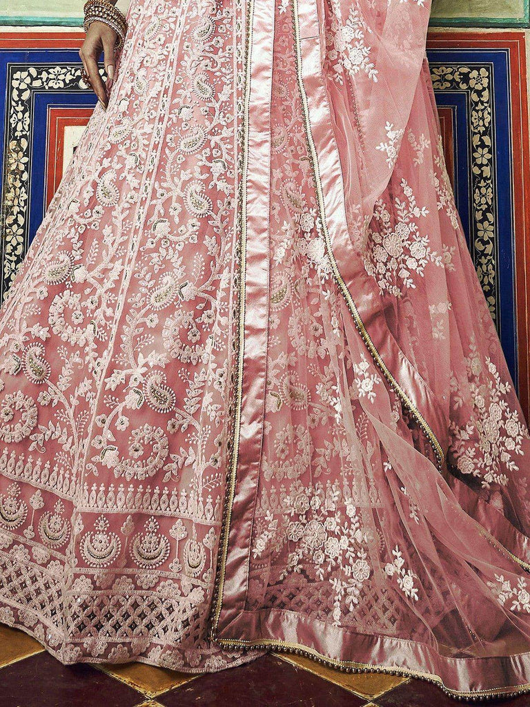 Alluring Peach Thread Work Net Bridesmaid Lehenga Choli With Dupatta - Ethnic Plus In