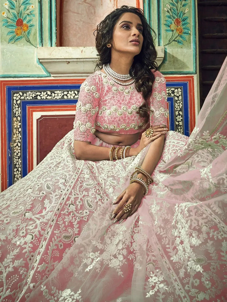 Alluring Peach Thread Work Net Bridesmaid Lehenga Choli With Dupatta - Ethnic Plus In