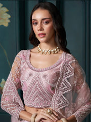Alluring Pink Color Embroidered Net Bridesmaid Lehenga Choli - Ethnic Plus In