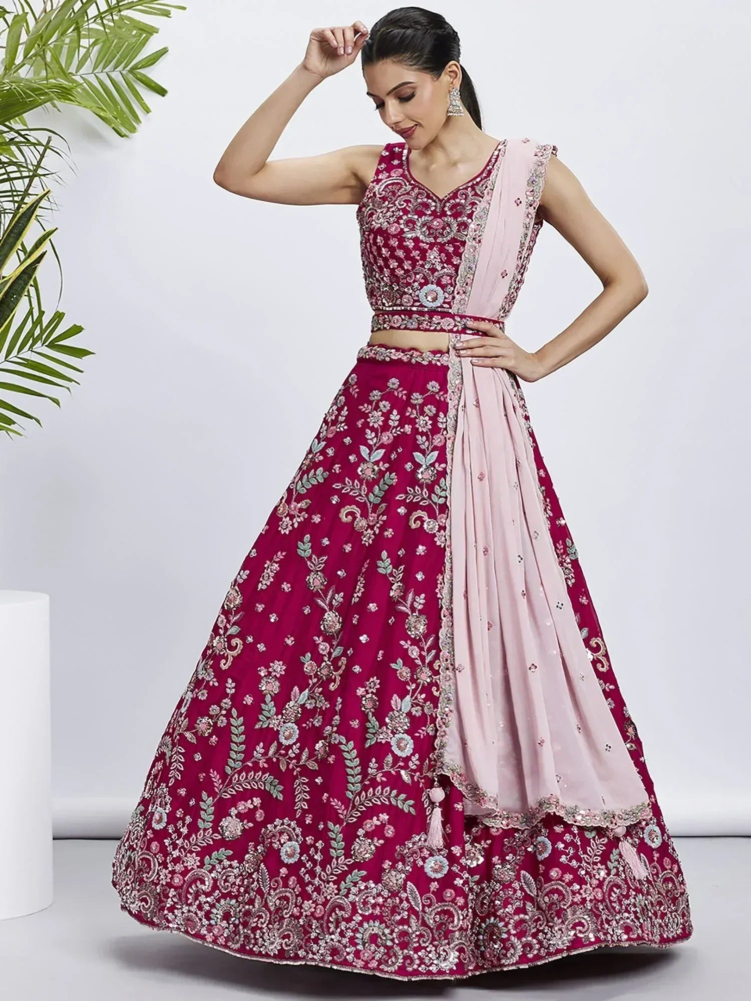 Burgundy floral embroidered lehenga choli with pink dupatta, Indian ethnic wear for weddings and parties