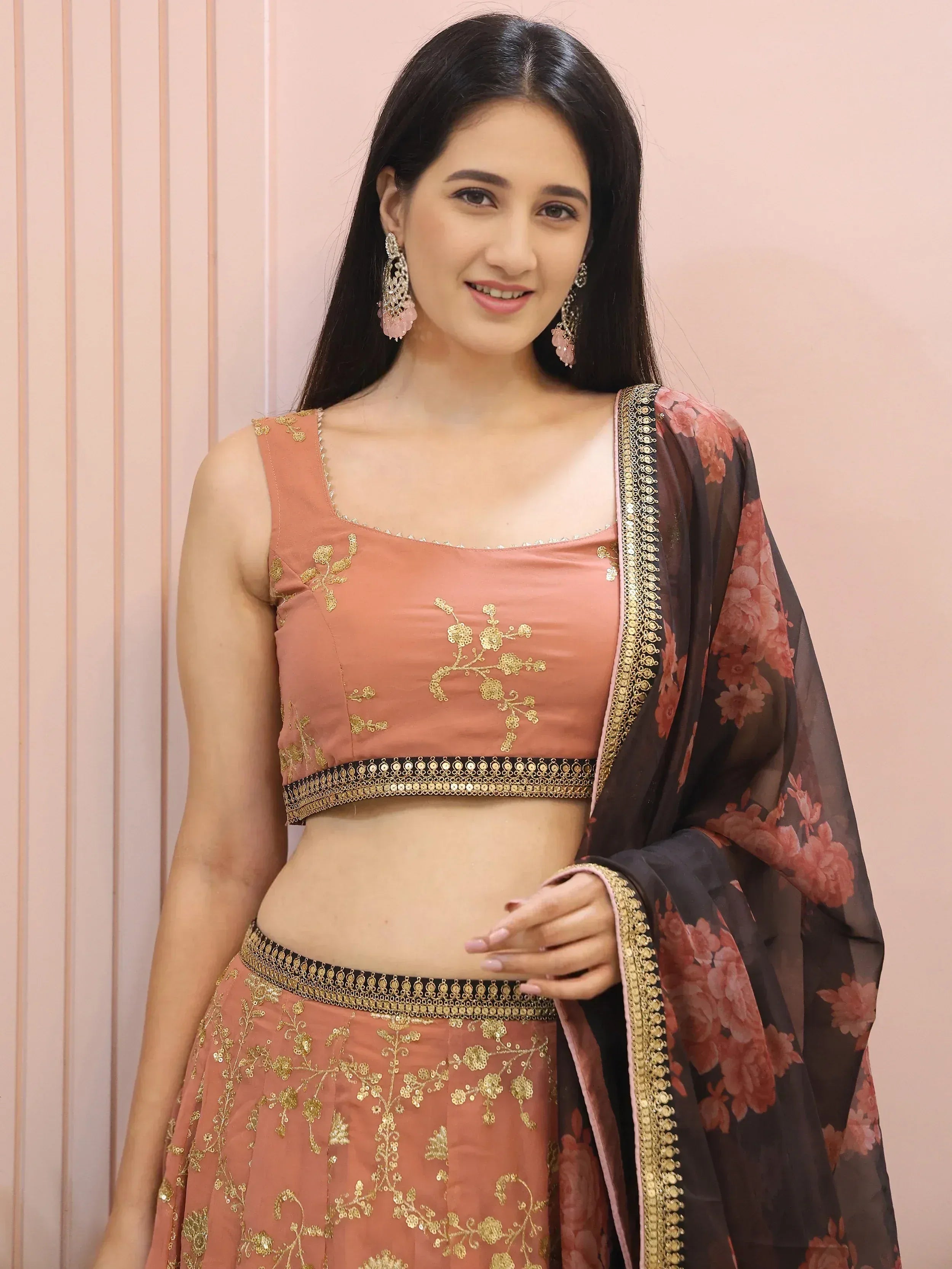 Pink embroidered lehenga choli with floral dupatta, Indian ethnic wear for women