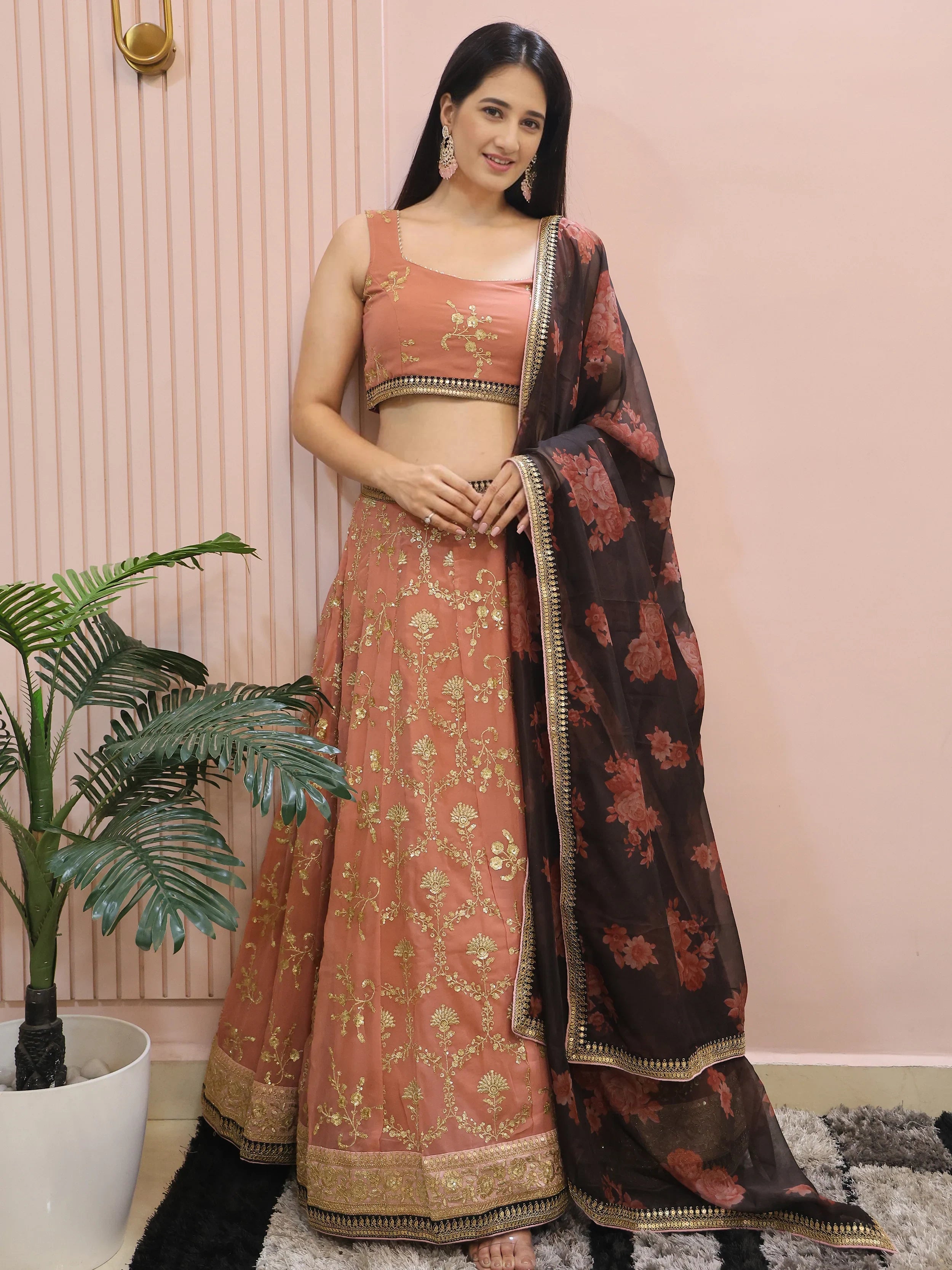 Alluring Pink Georgette Sequins Event Wear Lehenga Choli - Ethnic Plus In