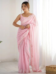 Alluring Pink Sequins Embroidered Saree With Blouse - Ethnic Plus In