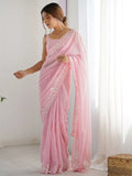 Alluring Pink Sequins Embroidered Saree With Blouse - Ethnic Plus In